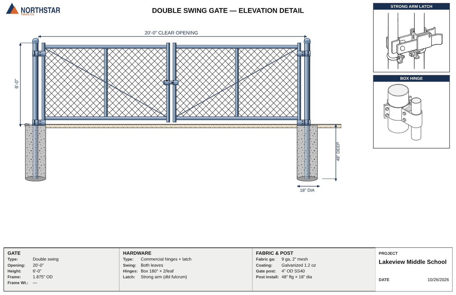 A 20-foot double swing gate elevation with hinge and latch details and gate post footings.