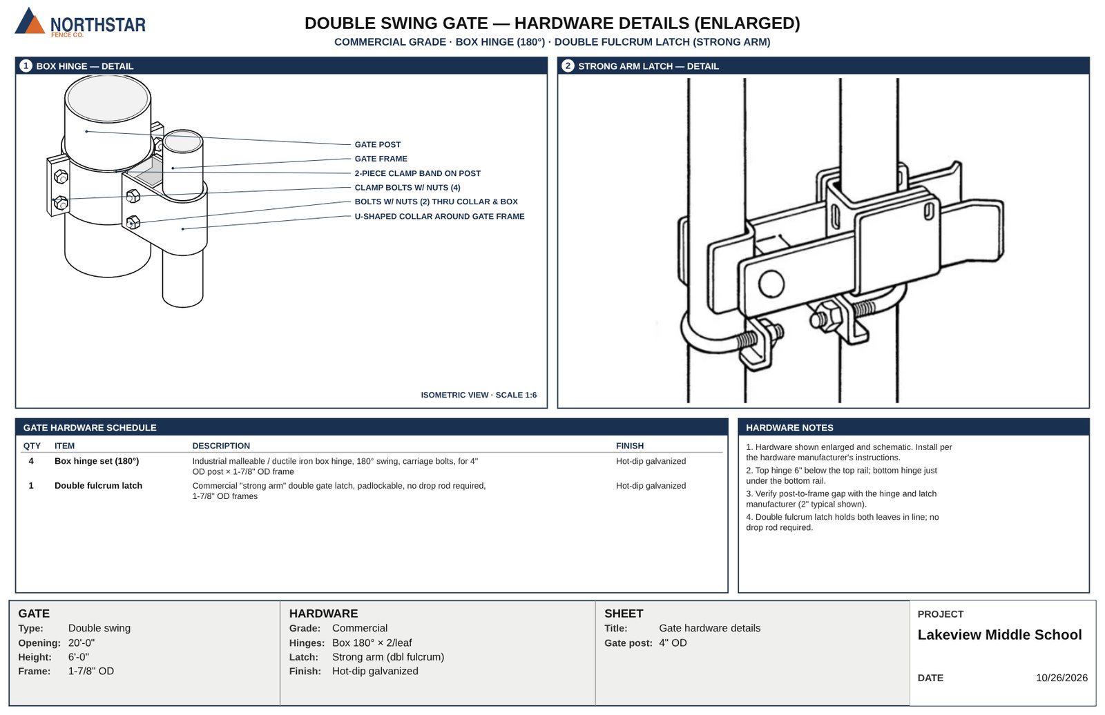Gate hardware details sheet with box hinge and strong arm latch blow-ups and a hardware schedule.