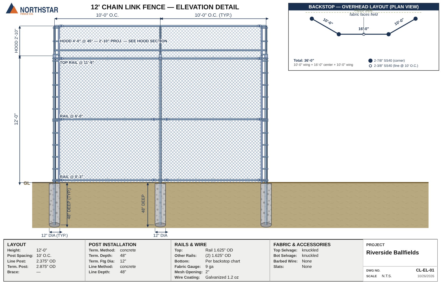 A 12-foot backstop elevation with a 4-foot hood, labeled rails and footings.