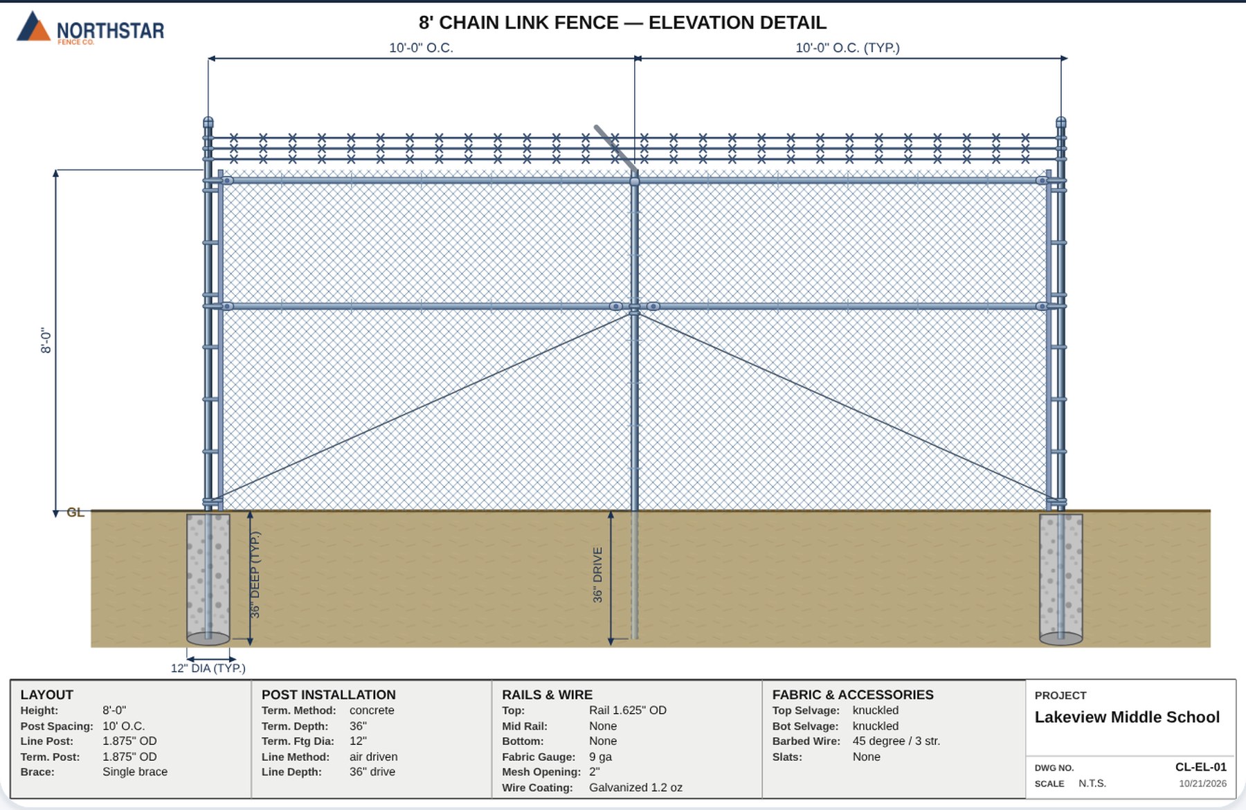 An 8-foot chain link fence elevation detail with top rail, barbed wire, dimensions and a title block, branded with a sample company name.