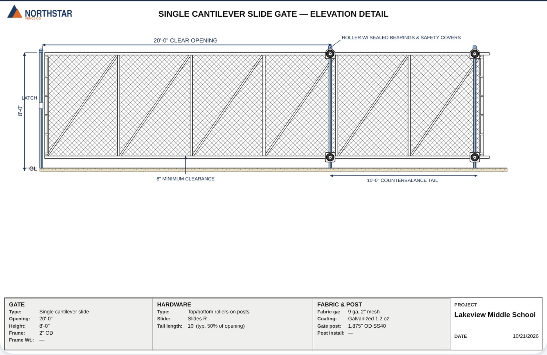 A 20-foot single cantilever slide gate elevation detail with roller support posts, a 10-foot counterbalance tail, dimensions and a title block.